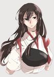  akagi_(kantai_collection) brown_eyes brown_hair closed_mouth commentary expressionless hair_between_eyes hisaki_(morenabe) japanese_clothes kantai_collection long_hair looking_at_viewer muneate simple_background solo straight_hair tasuki upper_body 