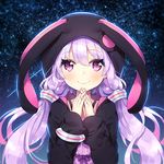  animal_hood ayamy blush bracelet bunny_hood c: closed_mouth comet eyebrows_visible_through_hair hair_between_eyes hands_up hood hood_up hoodie jewelry long_hair looking_at_viewer outdoors own_hands_together purple_hair sky smile solo star_(sky) starry_sky vocaloid voiceroid yuzuki_yukari 