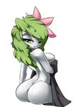  anthro anthrofied big_breasts big_butt black_nose breasts butt eyelashes female flower green_eyes green_hair hair legendary_pok&eacute;mon looking_at_viewer nintendo plant pok&eacute;mon rear_view shaymin simple_background smile solo video_games white_background wide_hips 