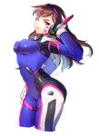  :3 arched_back arm_at_side artist_name bangs blue_bodysuit bodysuit breasts brown_eyes brown_hair cowboy_shot d.va_(overwatch) facepaint facial_mark from_side hand_on_headphones headphones high_collar light_smile long_hair looking_at_viewer looking_to_the_side medium_breasts overwatch pilot_suit poroi_(poro586) ribbed_bodysuit shoulder_pads signature simple_background skin_tight solo swept_bangs whisker_markings white_background 