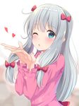  ;o aibumi bangs blown_kiss blush bow chestnut_mouth commentary_request eromanga_sensei eyebrows_visible_through_hair from_side grey_hair hair_bow hands_up heart izumi_sagiri long_hair long_sleeves looking_at_viewer one_eye_closed parted_lips red_bow shiny shiny_hair solo upper_body 