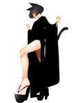  animal_ears bare_legs black_hair blending cat_ears closed_mouth commentary_request eyebrows_visible_through_hair full_body high_heels highres japanese_clothes legs looking_at_viewer multicolored_hair okobo open_toe_shoes original purple_eyes red_hair sandals shoes short_hair simple_background socks solo tabi tail tsukino_wagamo two-tone_hair white_background white_legwear 
