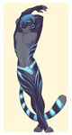  anthro bioluminescence black_fur blue_fur blue_hair bulge carmeo_(character) clothing feline fur glowing grey_fur hair male mammal red_eyes solo tiger underwear wasabitea 