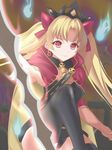  blonde_hair cape earrings ereshkigal_(fate/grand_order) fate_(series) hair_ribbon highres jewelry long_hair looking_at_viewer marionette_(excle) red_cape red_eyes red_ribbon ribbon smile solo thighhighs twintails weapon 