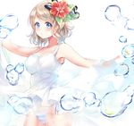  bad_id bad_pixiv_id blue_eyes blush breasts brown_hair bubble dress flower gorua_(youce01) hair_flower hair_ornament large_breasts love_live! love_live!_sunshine!! panties revision short_hair solo underwear watanabe_you white_background white_dress 