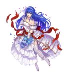  bangs bare_shoulders blue_eyes blue_hair boots bouquet detached_collar dress eyebrows_visible_through_hair fire_emblem fire_emblem:_monshou_no_nazo fire_emblem_heroes flower full_body hair_flower hair_ornament hairband high_heels highres holding long_hair lossy-lossless official_art open_mouth petals sheeda sleeveless sleeveless_dress solo torn_clothes transparent_background wedding_dress white_dress white_legwear yoshiku_(oden-usagi) 