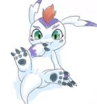  ambiguous_gender animal_genitalia anus apricolor1 blush claws digimon fangs feral fur genital_slit gomamon long_ears looking_at_viewer lying mammal marine markings mohawk on_back pawpads paws pinniped seal simple_background slit solo spread_legs spreading white_background 