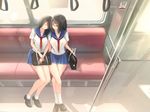  black_eyes black_hair closed_eyes crossed_legs from_behind kikivi long_hair multiple_girls original school_uniform serafuku sitting sleeping smile train_interior yuri 