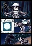  bionekojita black_cerulean_(kemono_friends) black_hair blue_eyes closed_mouth comic hair_between_eyes hat hat_feather helmet iron_man_(comics) japari_symbol kaban_(kemono_friends) kemono_friends marvel night outdoors outstretched_arms pith_helmet power_suit single_eye spread_arms standing 