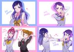  aida_mana blush bow closed_eyes dokidoki!_precure eye_contact heart hishikawa_rikka kenzaki_makoto long_hair looking_at_another looking_at_viewer multiple_girls negom one_eye_closed open_mouth precure school_uniform serafuku short_hair simple_background smile white_background yotsuba_alice yuri 