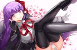  1girl bb_(fate/extra_ccc) black_legwear bow breasts fate/extra fate/extra_ccc fate_(series) flower gloves hair_bow large_breasts legs_up looking_at_viewer naso4 purple_eyes purple_hair red_bow smile smirk solo thighhighs white_gloves white_legwear 