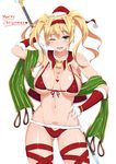  bell bikini blonde_hair blue_eyes blush body_writing bracelet breasts capelet christmas front-tie_bikini front-tie_top fur_trim fuurai_(resuty) gloves granblue_fantasy hand_on_hip hat highres jewelry large_breasts long_hair looking_at_viewer lowleg lowleg_bikini merry_christmas navel one_eye_closed polearm red_bikini santa_hat shawl solo swimsuit thigh_strap twintails weapon zeta_(granblue_fantasy) 