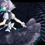  apron bow braid clock clock_tower frills izayoi_sakuya knife looking_at_viewer maid_apron maid_headdress mokokiyo_(asaddr) short_hair short_sleeves silver_eyes silver_hair skirt_hold solo touhou tower twin_braids wrist_cuffs 