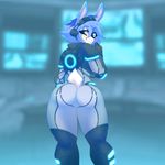  anthro bulge butt chococosalo clothing eyewear glasses hair lagomorph looking_at_viewer male mammal rabbit smile solo standing technology tight_clothing 