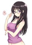  adjusting_eyewear bangs bare_shoulders black-framed_eyewear black_hair breasts camisole commentary_request eyebrows_visible_through_hair glasses himawari-san himawari-san_(character) large_breasts long_hair looking_at_viewer looking_to_the_side mel_(melty_pot) navel purple_camisole purple_eyes solo sweat sweatdrop thought_bubble translated 