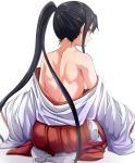  1girl back backboob bangs bare_shoulders black_hair breasts brown_eyes closed_mouth from_behind hakama hakama_skirt highres japanese_clothes kantai_collection kimono kimono_pull long_hair looking_at_viewer looking_back medium_breasts miko nachi_(kantai_collection) nape no_bra ponytail red_hakama seiza shoulder_blades side_ponytail sideboob sidelocks sitting smile solo sweat tabi very_long_hair white_kimono white_legwear zanntetu 