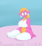  2017 4_fingers amphibian animal_humanoid anthro blonde_hair blush breasts clothing doremian ear_piercing eyelashes eyes_closed eyewear feet female full_body gem glasses hair hair_bun hi_res humanoid legwear lizard_tail markings multicolored_scales no_underwear non-mammal_breasts noseless one_eye_closed pearl_(gem) piercing pink_scales pink_skin pointy_ears salamander sally_(scalie_schoolie) scales scalie scalie_schoolie shirt simple_background sitting smile solo stockings tank_top thick_thighs thigh_highs two_tone_scales underwear voluptuous webcomic wide_hips yellow_skin 