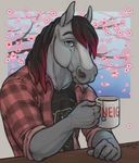  2016 abstract_background anthro beverage black_hair blue_eyes cherry_blossom chewycuticle clothed clothing crimson cup flannel_shirt fur grey_fur hair highlights looking_at_viewer male plant red_highlights solo tea 