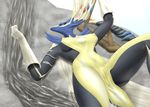  2017 anthro antlers armwear arrow blue_eyes bow bracelet breasts butt clothing elbow_gloves female fur gloves horn jewelry legendary_pok&eacute;mon lying nintendo nipple_bulge on_back outside pok&eacute;mon quiver side_boob solo testowepiwko video_games water xerneas 