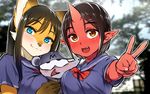  animal_ears between_breasts black_hair blue_eyes blush breasts fang fox_ears fox_girl furry horn hug long_hair looking_at_viewer mizone multiple_girls oni oni_horns open_mouth original pointy_ears red_skin school_uniform serafuku short_hair smile snot sweat v yellow_eyes 