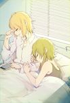  arm_holding bed bed_sheet blonde_hair cellphone closed_eyes eyebrows_visible_through_hair flat_chest green_hair gumi hand_on_another's_arm head_on_shoulder highres kagamine_rin leaning_on_person lying multiple_girls on_side open_mouth parted_lips phone pillow shirt short_hair shutter sidelocks sleeping sleepwear sleepy unbuttoned unbuttoned_shirt underl vocaloid waking_up wavy_mouth yawning yuri 