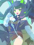  1girl 1other absurdres ambience_synesthesia animal_ears arknights black_shirt cat_ears cat_girl commentary cowboy_shot crotch3t dated english_commentary fang flower green_eyes green_hair highres looking_at_viewer medium_hair mon3tr_(arknights) mon3tr_(summon)_(arknights) monster shirt shorts single_bare_shoulder skin_fang thighs torn_clothes torn_shirt twitter_username white_flower white_shorts 