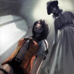  1girl 2girls absurdres belt belt_buckle bent_over black_hair black_ribbon breasts buckle clothing_cutout commentary_request dress fatal_frame fatal_frame:_maiden_of_black_water from_below gauss_<bokashi ghost ghost_girl grin highres kozukata_yuuri long_arms looking_down medium_breasts multiple_girls nose parted_lips rain ribbon shirt short_shorts shorts shoulder_cutout smile tall_female thigh_strap wet wet_hair white_dress white_shirt 