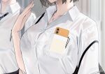  2girls black_bra bra bra_visible_through_clothes breast_pocket breasts cellphone collared_shirt commentary_request head_out_of_frame highres large_breasts multiple_girls object_in_pocket original phone phone_in_pocket pocket rerrere shirt short_hair smartphone solo_focus underwear white_shirt 
