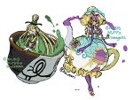  2girls black_bow blonde_hair blue_dress blunt_bangs bow bubble_skirt coke-bottle_glasses commentary_request corset cup dress flower full_body glasses green_kimono green_tea harurie highres japanese_clothes kimono long_hair multicolored_hair multiple_girls patchwork_clothes personification pokemon polteageist puffy_sleeves purple_hair purple_socks rose sinistcha skirt socks tea teacup two-tone_hair white_corset yellow_bow yellow_flower yellow_rose 