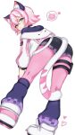  1girl animal_ear_fluff animal_ears animal_hood black_choker black_shorts blue_eyes boots cat_ears cat_girl cat_hood cat_tail catrin_glitch choker clawed_boots commentary_request fortnite from_behind hair_between_eyes heart heterochromia highres hood hood_down hoodie kurerin leaning_forward leg_warmers leggings light_blush looking_back pink_hair pink_leggings short_shorts shorts simple_background solo spoken_animal tail thigh_strap white_background white_boots white_hoodie white_tail yellow_eyes 