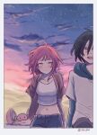  1boy 1girl absurdres bellri_zenam bindi black_hair blush gundam gundam_g_no_reconguista highres hood hood_down jacket long_sleeves looking_at_another midriff nobell noredo_nug open_mouth pink_eyes pink_hair sbr_ghn 