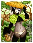  2017 anthro bottle breasts clothed clothing female grey_hair hair hat mammal michele_light purple_eyes skimpy solo tanuki tree 