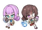 2girls blue_eyes blue_ribbon brown_hair character_doll chibi chibi_only doll eyepatch flask glasses hair_bun heaven_burns_red highres higuchi_seika hiiragi_kozue hitodama medical_eyepatch multiple_girls neck_ribbon open_mouth pink_eyes pink_hair pleated_skirt rantan_0925 ribbon round-bottom_flask school_uniform short_hair simple_background skirt sweatdrop white_background 
