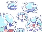 2017 anthro blue_fur blue_hair butt clothed clothing cocotama featureless_limbs fur hair hair_over_eyes himitsu_no_cocotama japanese_text male motion_lines multicolored_fur multiple_poses nettsuu open_mouth panties parine pose rear_view scared shaking_butt simple_background solo text tongue translated two_tone_fur underwear white_background white_fur 