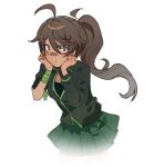  1girl ahoge arm_ribbon black_jacket black_shirt brown_eyes brown_hair collared_jacket commentary danganronpa:_despair_time expressionless fading floating_hair gradient_hair green_ribbon green_skirt green_trim grey_hair hair_between_eyes hands_on_own_cheeks hands_on_own_face highres jacket leaning_forward light_blush long_hair long_sleeves looking_at_viewer multicolored_hair pleated_skirt ponytail popped_collar ribbon shirt simple_background skirt sleeve_rolled_up solo teruko_tawaki white_background xin_ci 