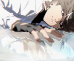  2boys artist_name black_gloves blue_eyes blurry brown_hair commentary different_reflection empty_eyes english_commentary fingerless_gloves gloves highres ink_(inkypyon) jacket lin_ling_(to_be_hero_x) long_sleeves looking_at_another lying male_focus multicolored_hair multiple_boys nice_(to_be_hero_x) parted_lips reflection short_hair streaked_hair to_be_hero_x twitter_username white_hair white_jacket 