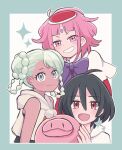  1boy 2girls bellri_zenam bindi blue_eyes bow commentary_request dark-skinned_female dark_skin double_bun green_hair grin gundam gundam_g_no_reconguista hair_bun hat highres looking_at_viewer multiple_girls nobell noredo_nug open_mouth pink_eyes pink_hair raraiya_monday sbr_ghn smile 