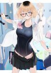  1girl :3 ;3 black_one-piece_swimsuit black_skirt blonde_hair blue_eyes breasts clothes_pull commentary_request cowboy_shot glasses haru_(rerrere) highres medium_breasts multicolored_hair one-piece_swimsuit one_eye_closed open_clothes open_shirt original rerrere roots_(hair) short_hair skirt skirt_pull solo_focus standing swimsuit swimsuit_under_clothes 