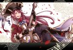  1boy aoidos boots eighth_rest feathers flower gloves granblue_fantasy guitar hat high_heel_boots high_heels instrument long_hair male_focus musical_note open_mouth petals quarter_note red_hair rose sharp_sign sitting solo staff_(music) teeth treble_clef 