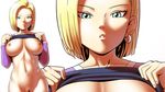  :o android_18 apostle blonde_hair blue_eyes bottomless breasts collarbone dragon_ball dragon_ball_super earrings highres hoop_earrings jewelry large_breasts long_sleeves looking_at_viewer navel nipples no_bra out-of-frame_censoring parted_lips pubic_hair purple_shirt shirt shirt_lift short_hair solo 