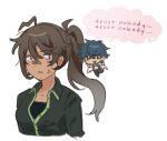  1boy 1girl ahoge angel_wings anger_vein annoyed bandage_on_face bandage_on_nose bandages black_jacket black_pants black_shirt blue_hair bow bowtie chibi collared_jacket commentary danganronpa:_despair_time dark-skinned_female dark_skin david_chiem english_commentary english_text gradient_hair green_bow green_bowtie green_trim grey_hair hair_between_eyes highres jacket long_hair looking_at_another messy_hair multicolored_hair pants parted_lips ponytail portrait shirt simple_background single_sidelock sparkle speech_bubble suspenders teruko_tawaki wavy_ahoge white_background white_shirt wide-eyed wings xin_ci 