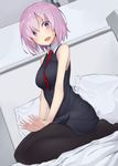  :d bare_shoulders bed bed_sheet between_breasts black_dress black_legwear blush breasts commentary_request dress dutch_angle eyes_visible_through_hair fate_(series) hair_over_one_eye indoors mash_kyrielight medium_breasts monobe_tsukuri necktie necktie_between_breasts on_bed open_mouth pantyhose patting_lap pillow pink_hair purple_eyes red_neckwear seiza short_hair sitting sleeveless sleeveless_dress slit_pupils smile solo sweat tareme v_arms wing_collar 