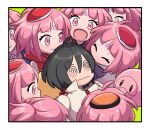  1boy @_@ bellri_zenam bindi bow clone closed_eyes commentary gundam gundam_g_no_reconguista hat highres looking_at_another meme multiple_girls nobell non-humanoid_robot noredo_nug official_alternate_costume open_mouth pet pink_hair pom_pom_(cheerleading) ponytail robot sbr_ghn science_fiction sonic_surrounded_by_amy_plush_dolls_(meme) surrounded untranslatable_commentary 