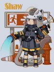  1girl animal animal_ear_helmet animal_ears animal_helmet arknights black_gloves black_jacket brown_eyes brown_hair character_name exit_sign firefighter firefighter_helmet firefighter_jacket full_body gloves helmet highres holding holding_hose holding_megaphone hose illionho jacket knee_pads long_sleeves looking_at_viewer megaphone outline shaw_(arknights) short_hair solo squirrel squirrel_girl squirrel_tail standing tail traffic_cone water white_helmet 
