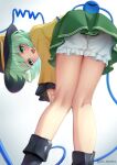  1girl ass bent_over black_boots black_hat blush boots bow commentary_request disembodied_linked_eye eyeball feet_out_of_frame frilled_sleeves frills from_behind from_below green_eyes green_hair green_skirt hat hat_bow highres komeiji_koishi long_sleeves looking_at_viewer medium_hair miniskirt open_mouth redrawn shirt skirt smile solo soo_kazahana thighs touhou twitter_username yellow_bow yellow_shirt 