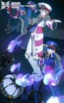  2boys armband black_coat black_hat blue_armband blue_necktie brothers chandelure claws closed_mouth coat collared_shirt colored_sclera demonqz7 eel eelektross emmet_(pokemon) fangs fire fish gloves grey_eyes grey_hair hat highres ingo_(pokemon) lamprey lifting_person male_focus multiple_boys necktie open_mouth pants peaked_cap pokemon pokemon_(creature) pokemon_black_and_white red_sclera shirt short_hair siblings sidelocks smile striped_coat trench_coat twins white_coat white_gloves white_hat white_shirt yellow_eyes 
