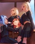  4girls ahoge alternate_costume animal_ears black_serafuku black_skirt blue_eyes blue_hair box breasts brown_eyes candy_stick grey_eyes grey_hair hair_behind_ear hair_between_eyes hair_ornament hairclip head_tilt highres holding holding_box hololive hoshimachi_suisei in_mouth large_breasts lion_ears lion_girl long_hair medium_hair multiple_girls one_eye_closed sailor_collar sakura_miko school_uniform serafuku shirogane_noel shishiro_botan side_ponytail sitting skirt sue_(bg-bros) virtual_youtuber 