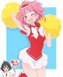 bellri_zenam bindi bow commentary_request gundam gundam_g_no_reconguista hat highres holding holding_sign looking_at_viewer miniskirt noredo_nug one_eye_closed open_mouth pink_eyes pink_hair pom_pom_(cheerleading) sbr_ghn sign skirt sweat 