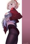 1girl ass black_pantyhose blonde_hair breasts buruma buruma_under_pantyhose clothes_lift commentary_request da_training_wear_(lycoris_recoil) folded_ponytail grey_skirt grin hair_ribbon highres jacket lifting_own_clothes long_sleeves looking_at_viewer looking_to_the_side lycoris_recoil lycoris_uniform medium_breasts multicolored_jacket nii_manabu nishikigi_chisato one_side_up pantyhose pleated_skirt red_buruma red_eyes red_jacket red_ribbon ribbon short_hair skirt skirt_lift smile solo teeth thighband_pantyhose thighs two-tone_background two-tone_jacket 