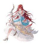  arrow bow_(weapon) bridal_gauntlets dress fire_emblem fire_emblem:_kakusei fire_emblem_heroes full_body hair_ornament high_heels highres holding holding_bow_(weapon) holding_weapon long_hair looking_at_viewer mayo_(becky2006) official_art red_eyes red_hair ribbon smile solo tiamo transparent_background very_long_hair weapon wedding_dress white_dress 
